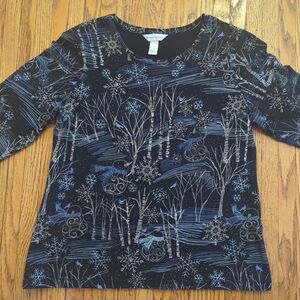Christopher & Banks Winter Snowman Scene Long Sleeve Top Size L Black Blue White